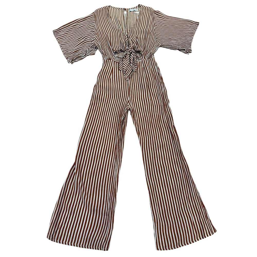 Faithfull The Brand Jumpsuit Size M US 6 Striped Tie Front Wide Leg Brown White - Picture 3 of 7